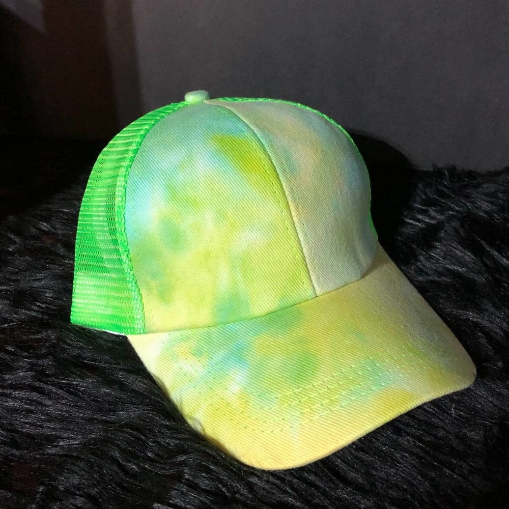 Green/Yellow Tie-Dye Ponytail Messy Bun Baseball Cap NWOT - Picture 2 of 4